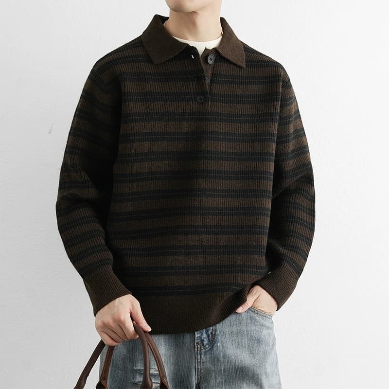30代メンズファッション ボーダー柄長袖ポロニット 