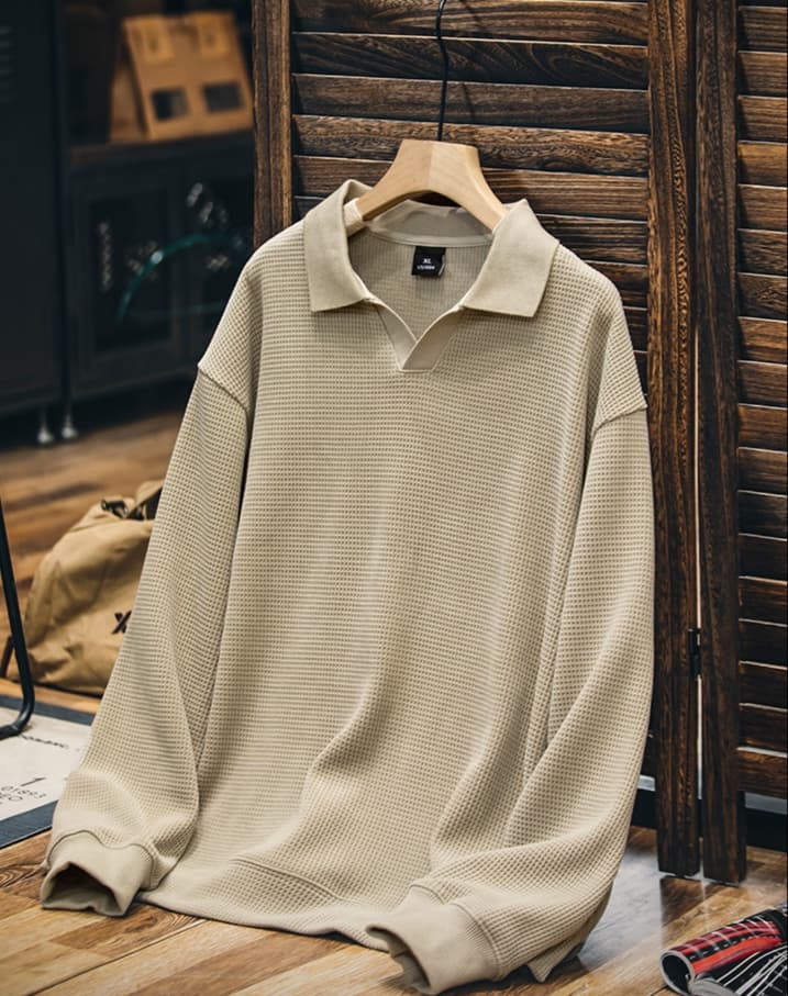 30代メンズファッション トップス ワッフル素材襟付きプルオーバー