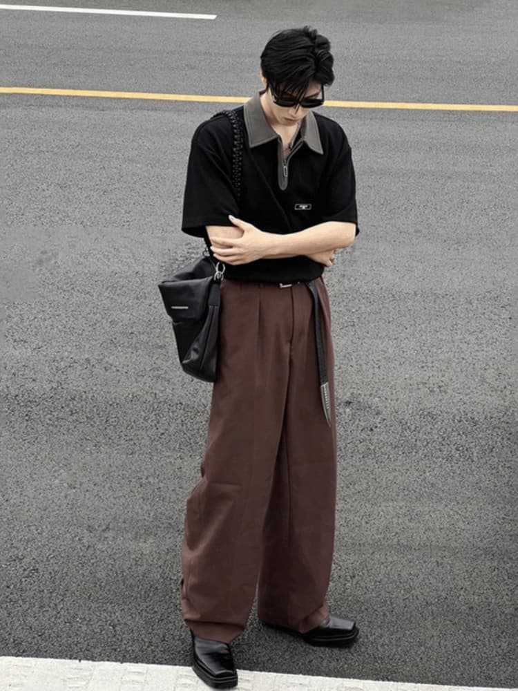 30代メンズファッション バイカラー襟半袖プルオーバーシャツ