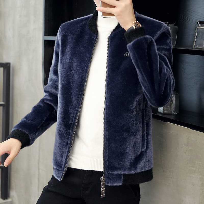 30代メンズファッション モダン立体ベロア風ジップジャケット