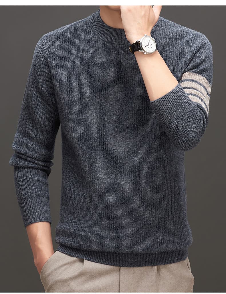 30代メンズファッション シンプル袖ライン入りニットセーター