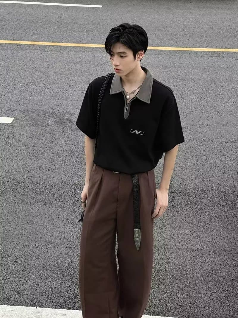 30代メンズファッション バイカラー襟半袖プルオーバーシャツ