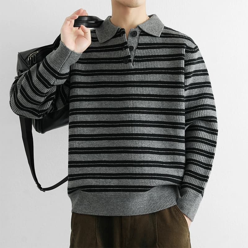 30代メンズファッション ボーダー柄長袖ポロニット 