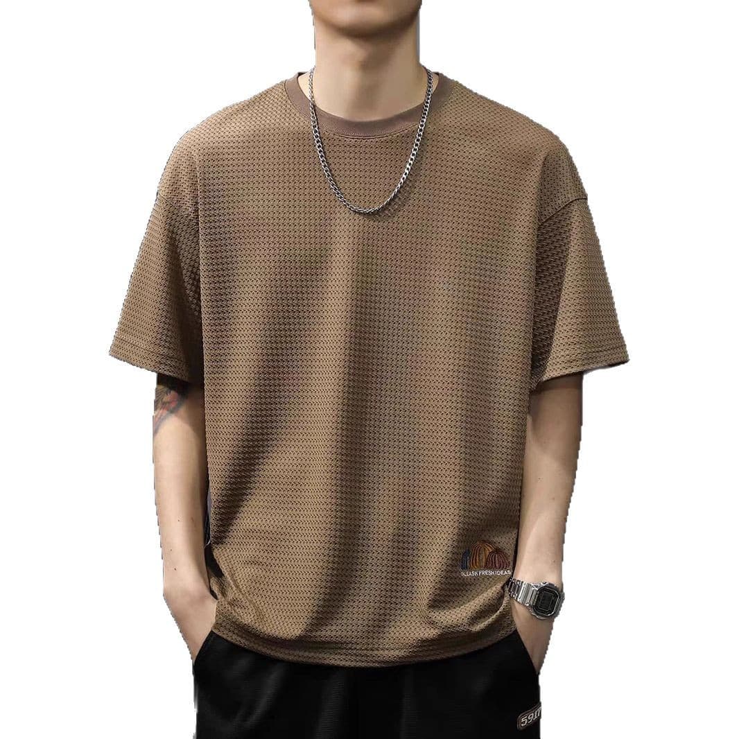 30代メンズファッション 格子柄メッシュ編み半袖カットソー