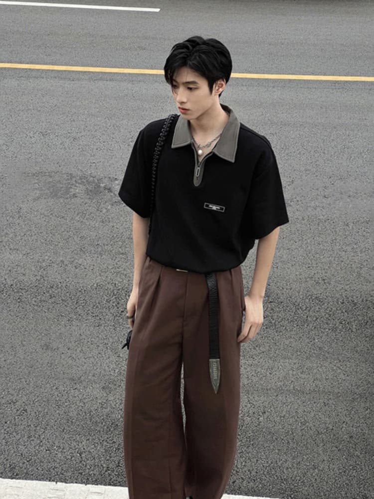 30代メンズファッション バイカラー襟半袖プルオーバーシャツ