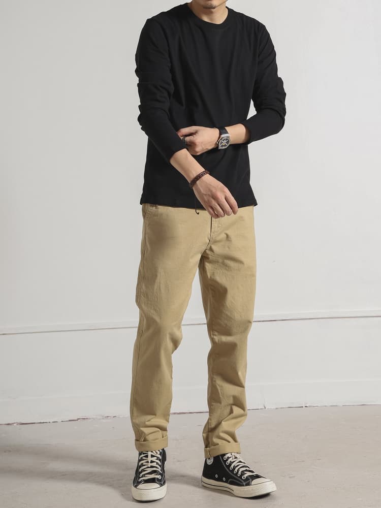 30代メンズファッション シンプル丸首長袖カットソー