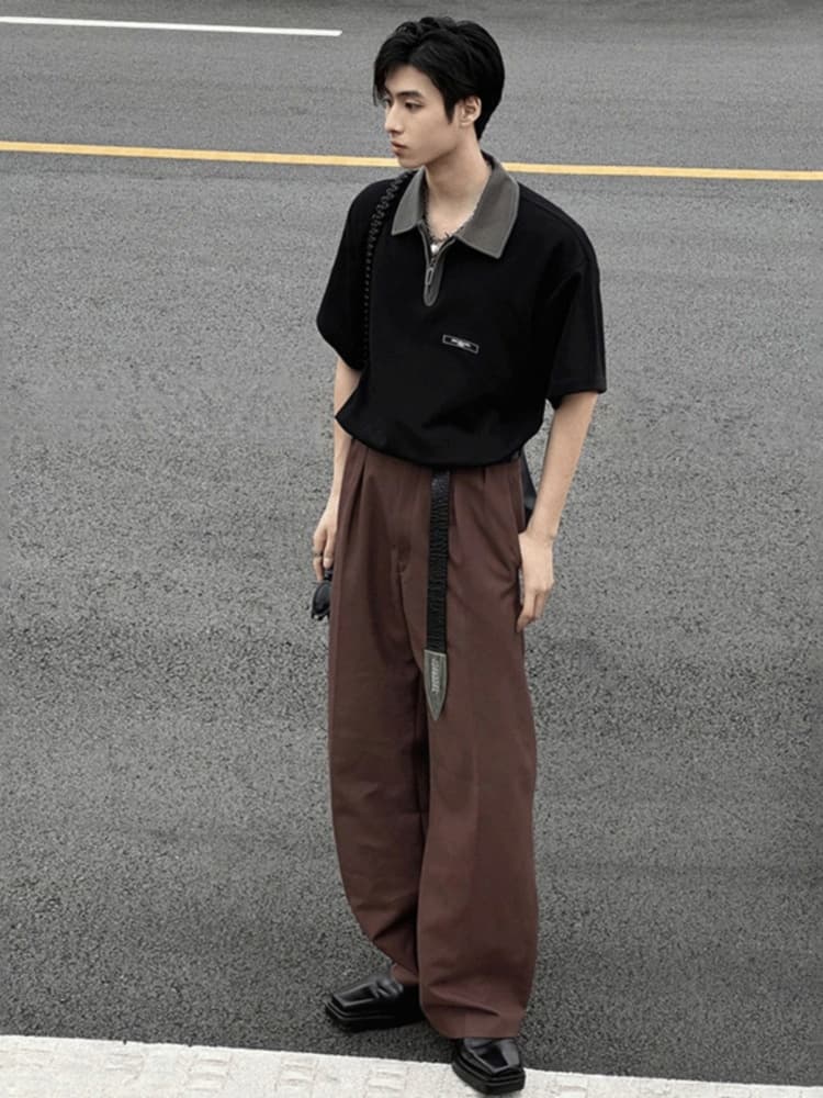 30代メンズファッション バイカラー襟半袖プルオーバーシャツ