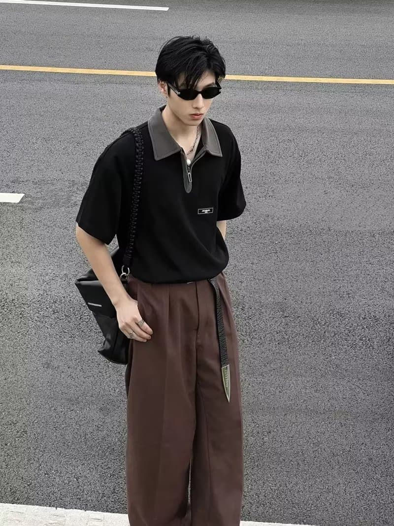 30代メンズファッション バイカラー襟半袖プルオーバーシャツ