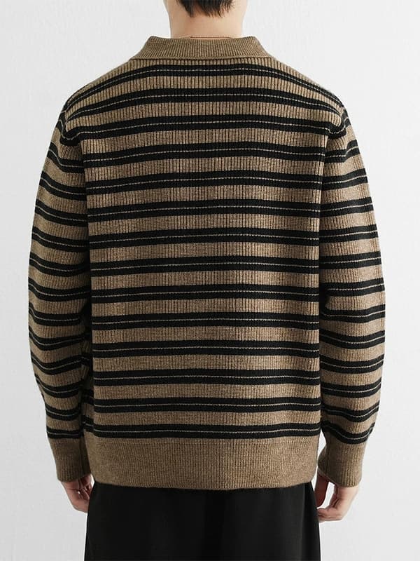 30代メンズファッション ボーダー柄長袖ポロニット 