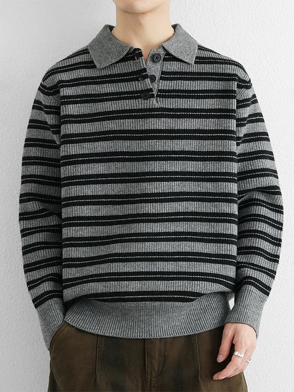 30代メンズファッション ボーダー柄長袖ポロニット 