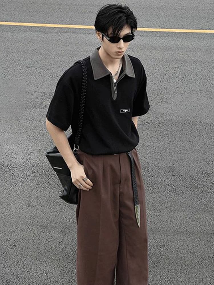 30代メンズファッション バイカラー襟半袖プルオーバーシャツ