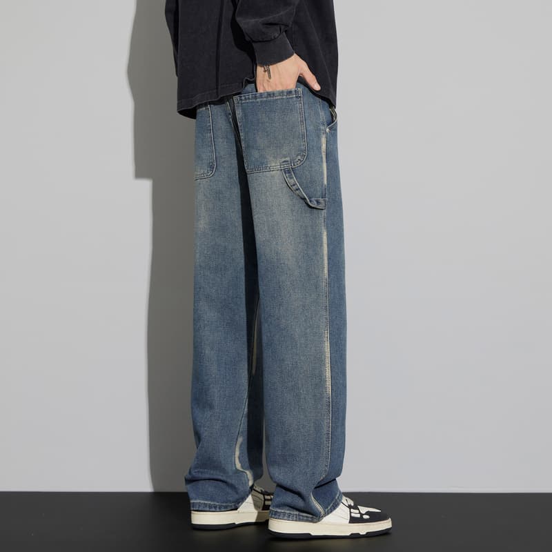 30代メンズファッション ビンテージ加工 ワイドデニムパンツ