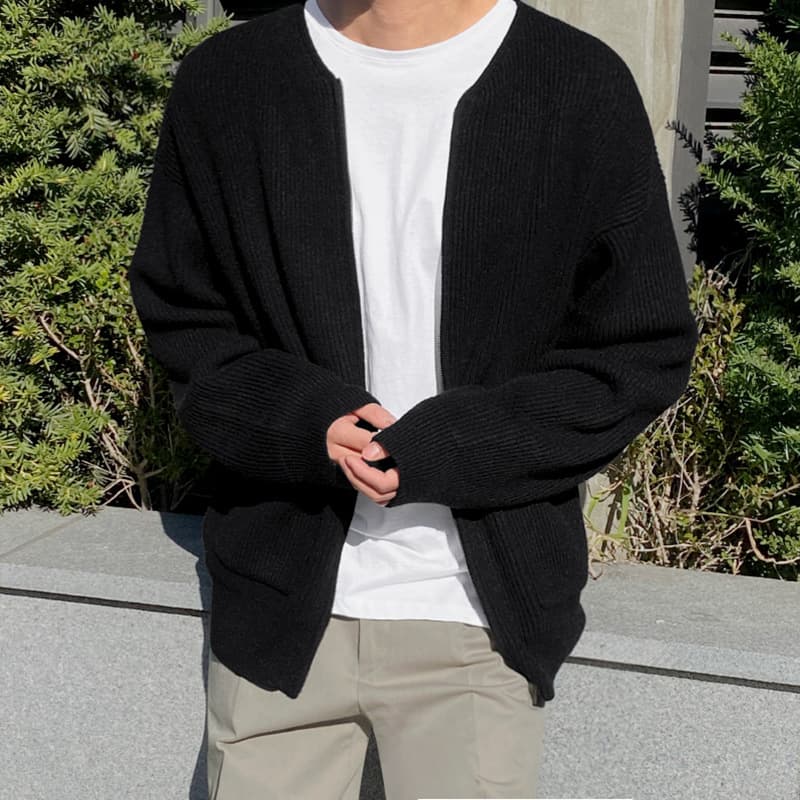 30代メンズファッション リブ編みジップアップニットブルゾン