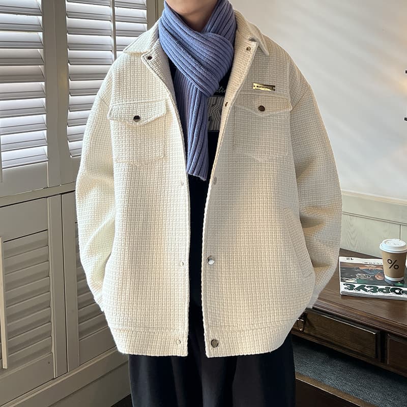 30代メンズファッション ワッフル生地シャツジャケット