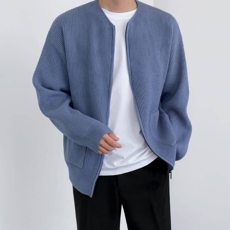 30代メンズファッション リブ編みジップアップニットブルゾン