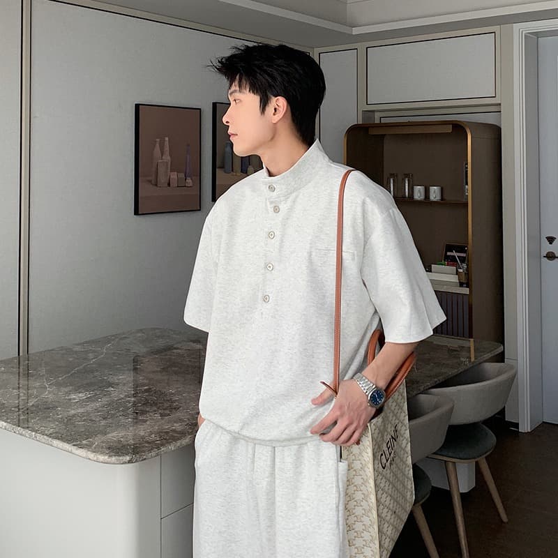 30代メンズファッション スタンドカラー五分袖プルオーバー