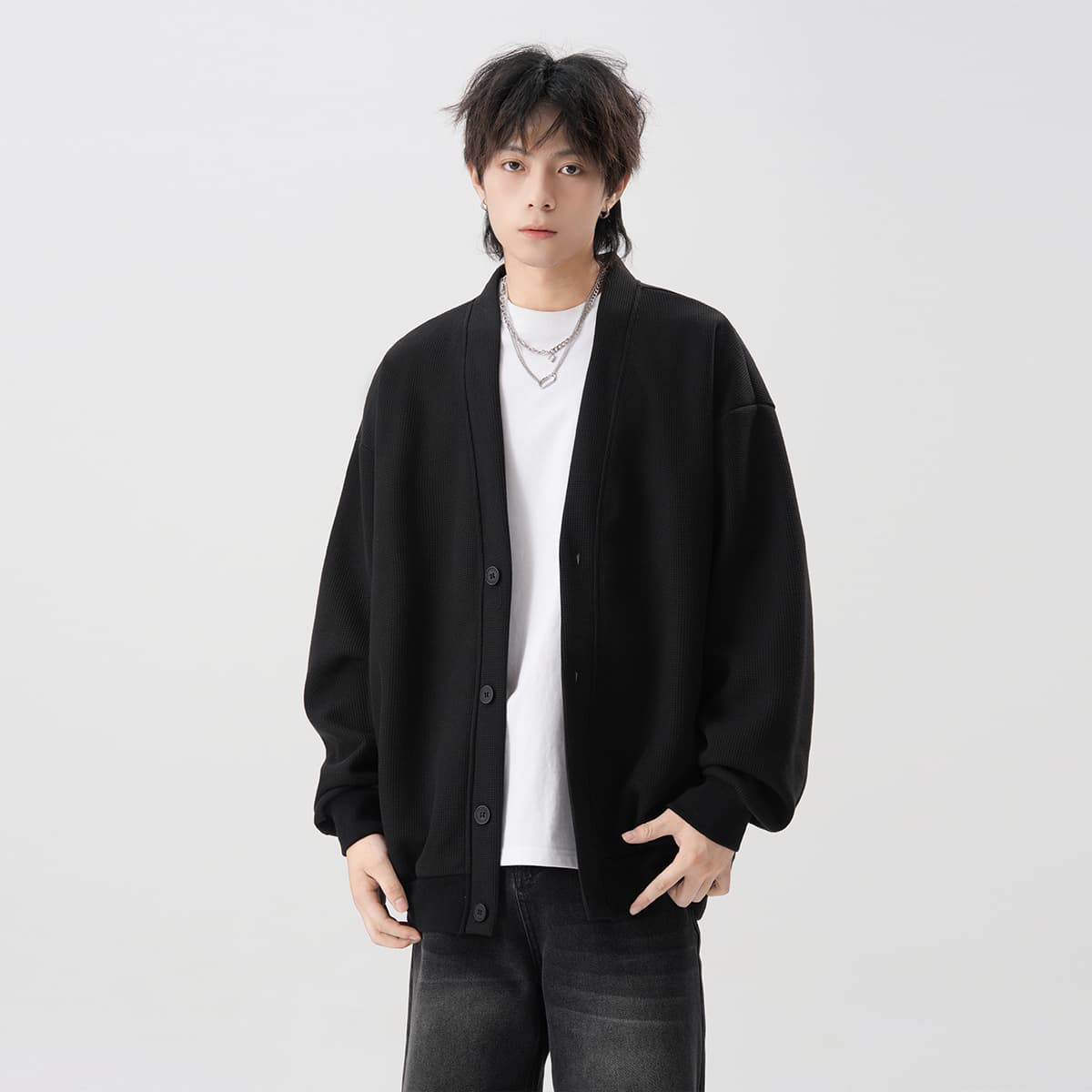 30代メンズファッション ゆったりリブ編みベーシックカーディガン