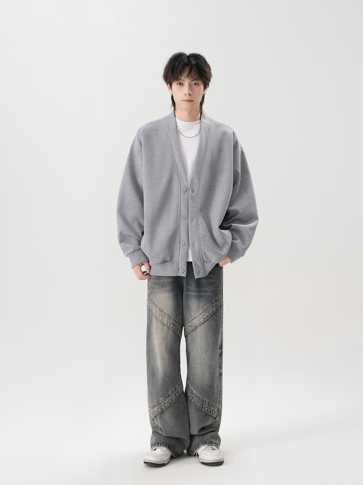 30代メンズファッション ゆったりリブ編みベーシックカーディガン