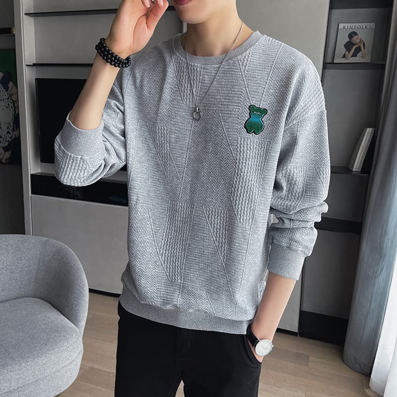 30代メンズファッション テディベア刺繍入り 幾何学デザインスウェット