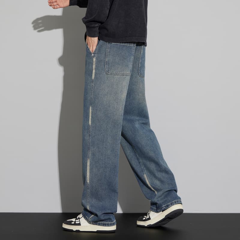 30代メンズファッション ビンテージ加工 ワイドデニムパンツ