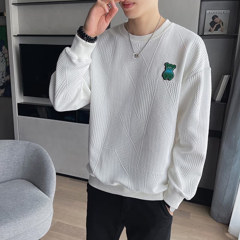 30代メンズファッション テディベア刺繍入り 幾何学デザインスウェット