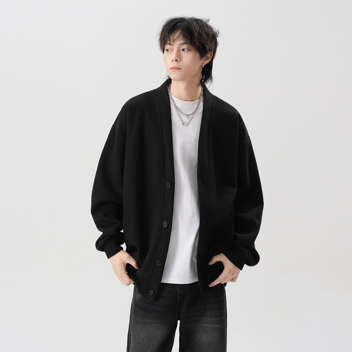 30代メンズファッション ゆったりリブ編みベーシックカーディガン