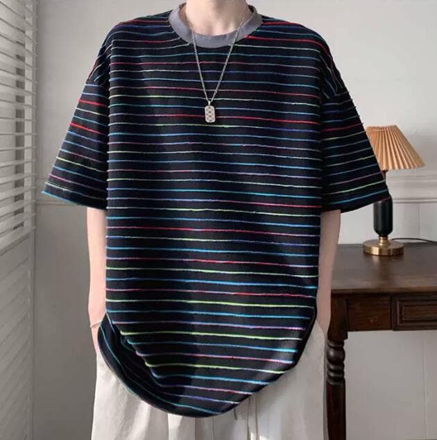 30代メンズファッション 半袖 ボーダー柄 オーバーサイズシャツ
