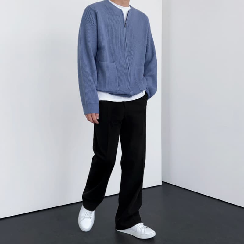 30代メンズファッション リブ編みジップアップニットブルゾン